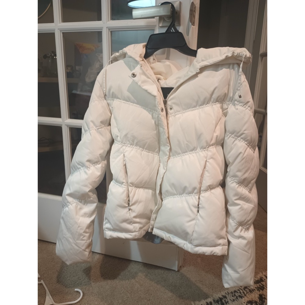 ANA Womens Medium White Down Puffer Jacket Chevron Quilt Hooded Streetwear Coat